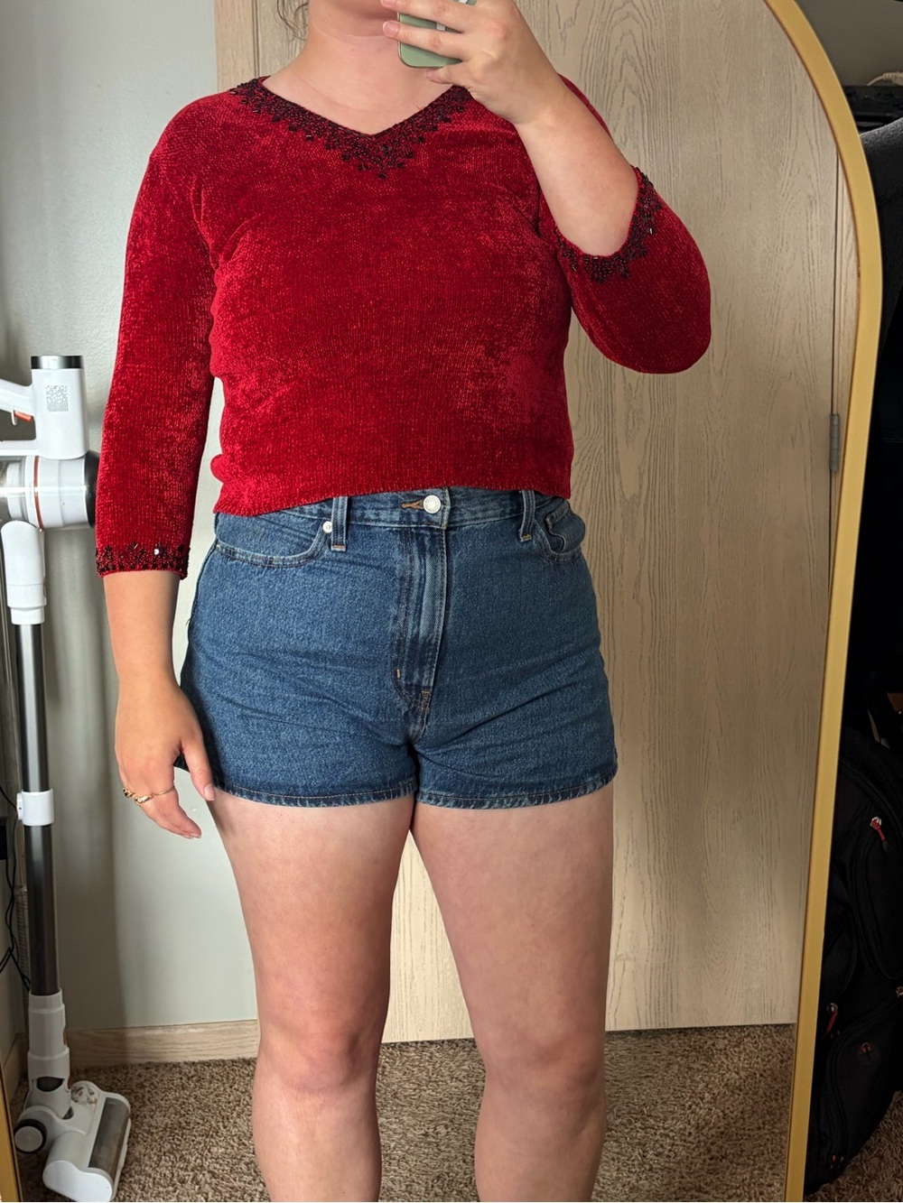 Y2K Vintage Lucia Burns Red Beaded V-Neck Velvet-like Sweater